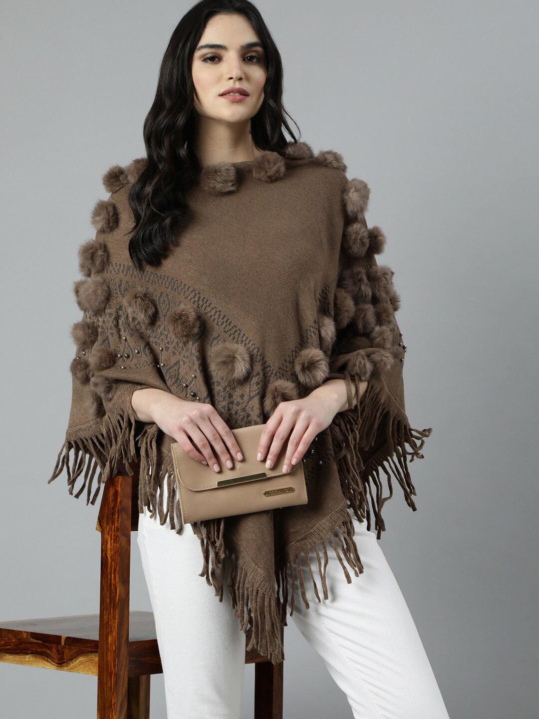 

SHOWOFF Women Longline Poncho with Embellished Detail, Brown