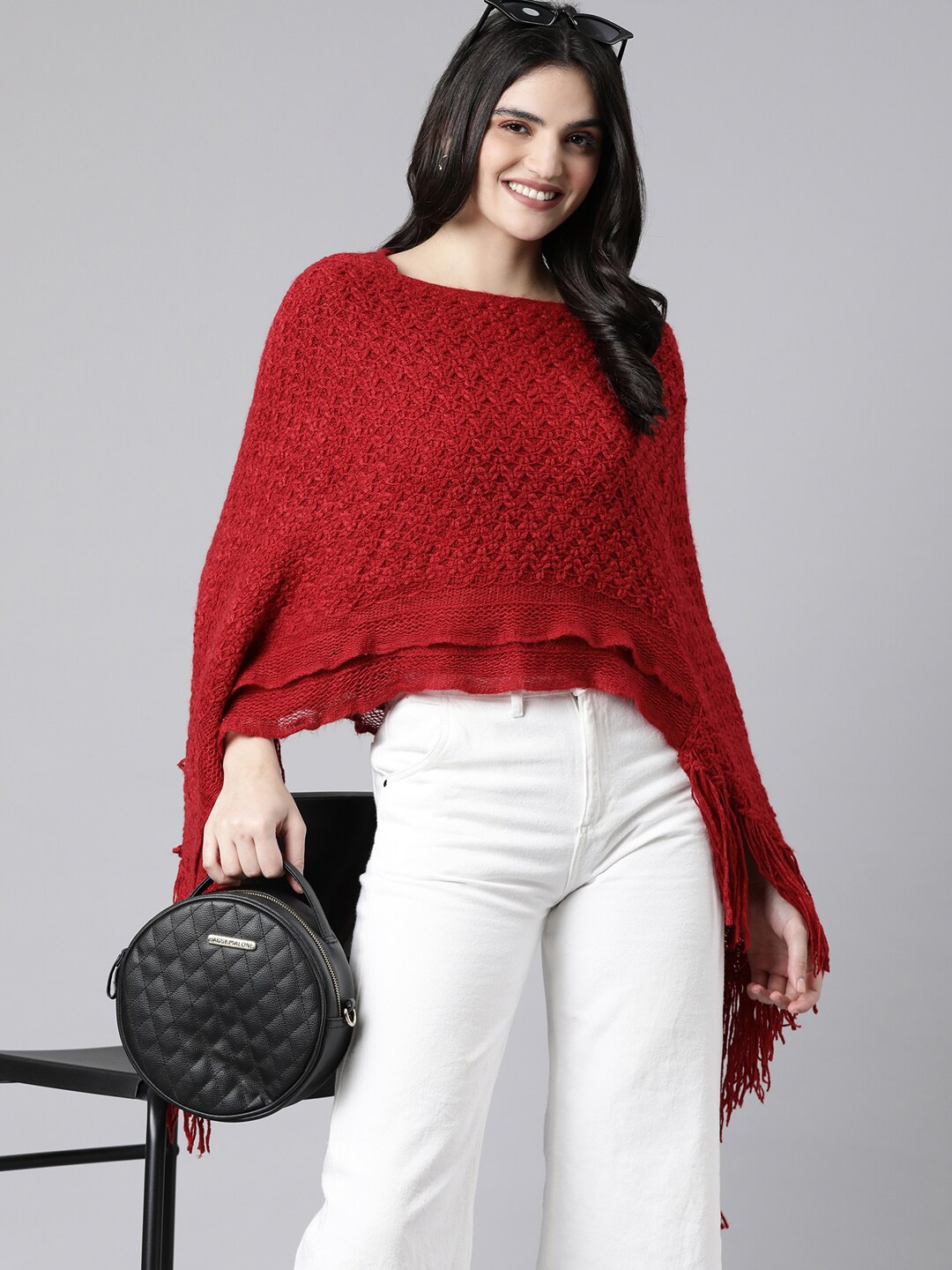 

SHOWOFF Women Boucle Longline Poncho with Fringed Detail, Red