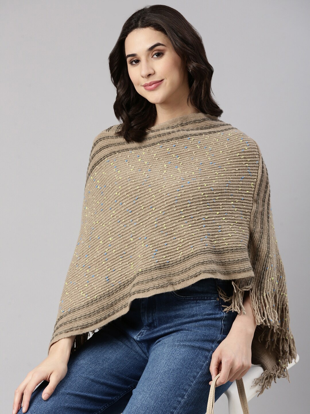 

SHOWOFF Women Ribbed Poncho, Beige