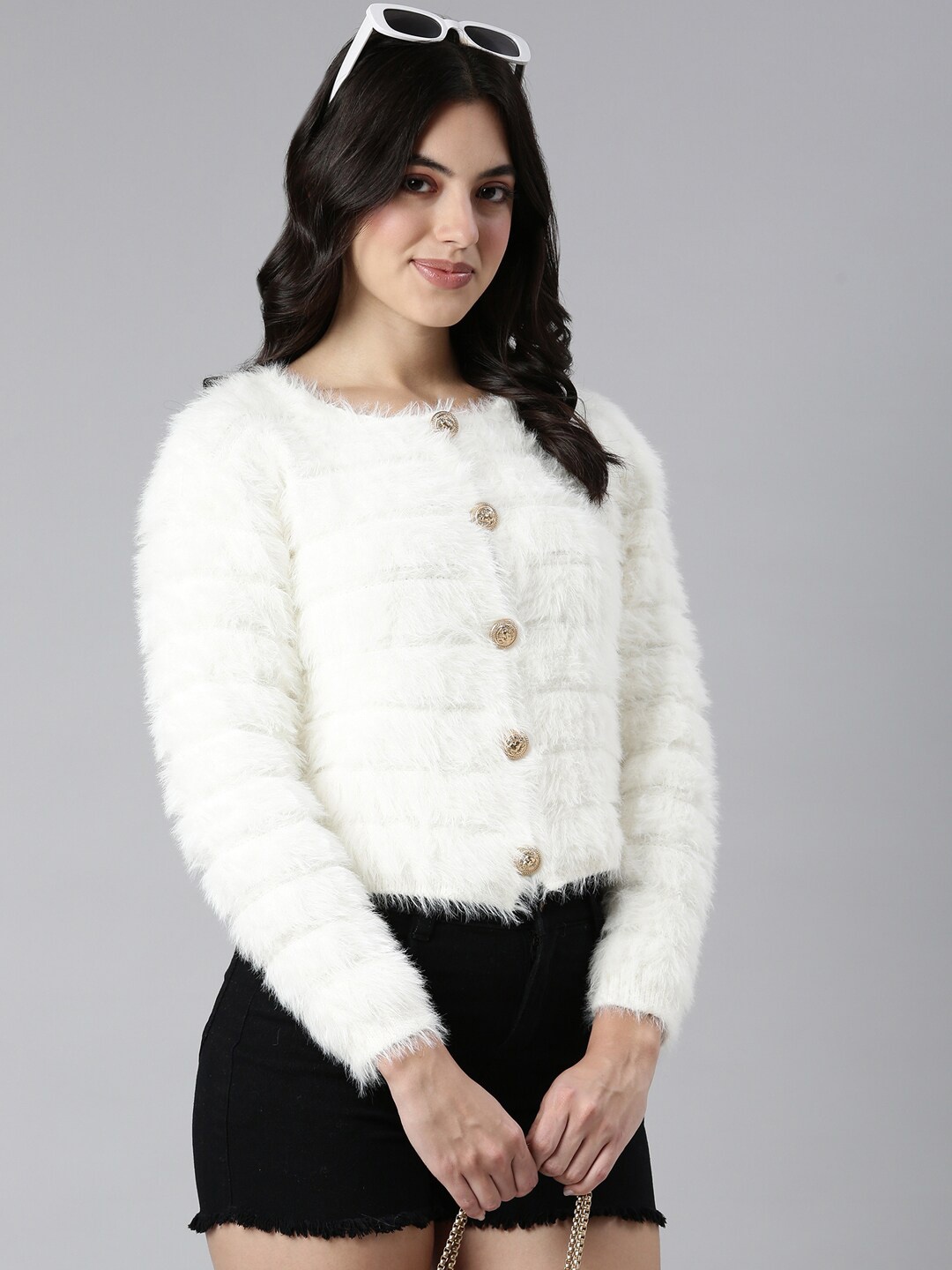 

SHOWOFF Women Striped Crop Cardigan with Fuzzy Detail, Cream