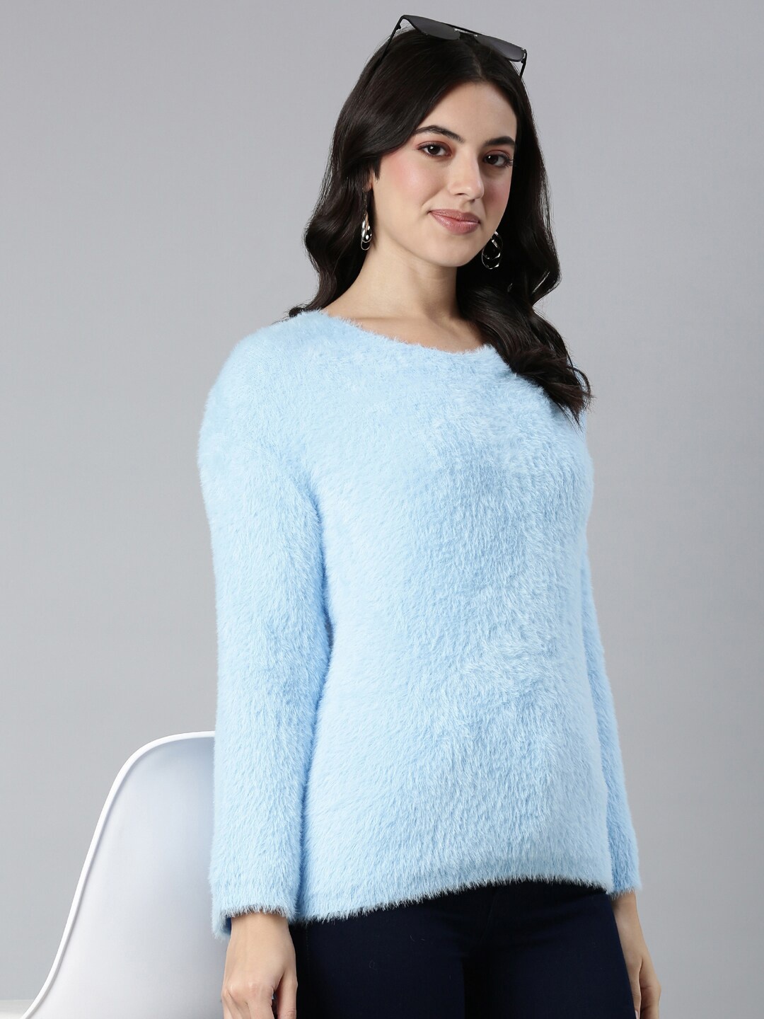 

SHOWOFF Women Pullover with Fuzzy Detail, Blue