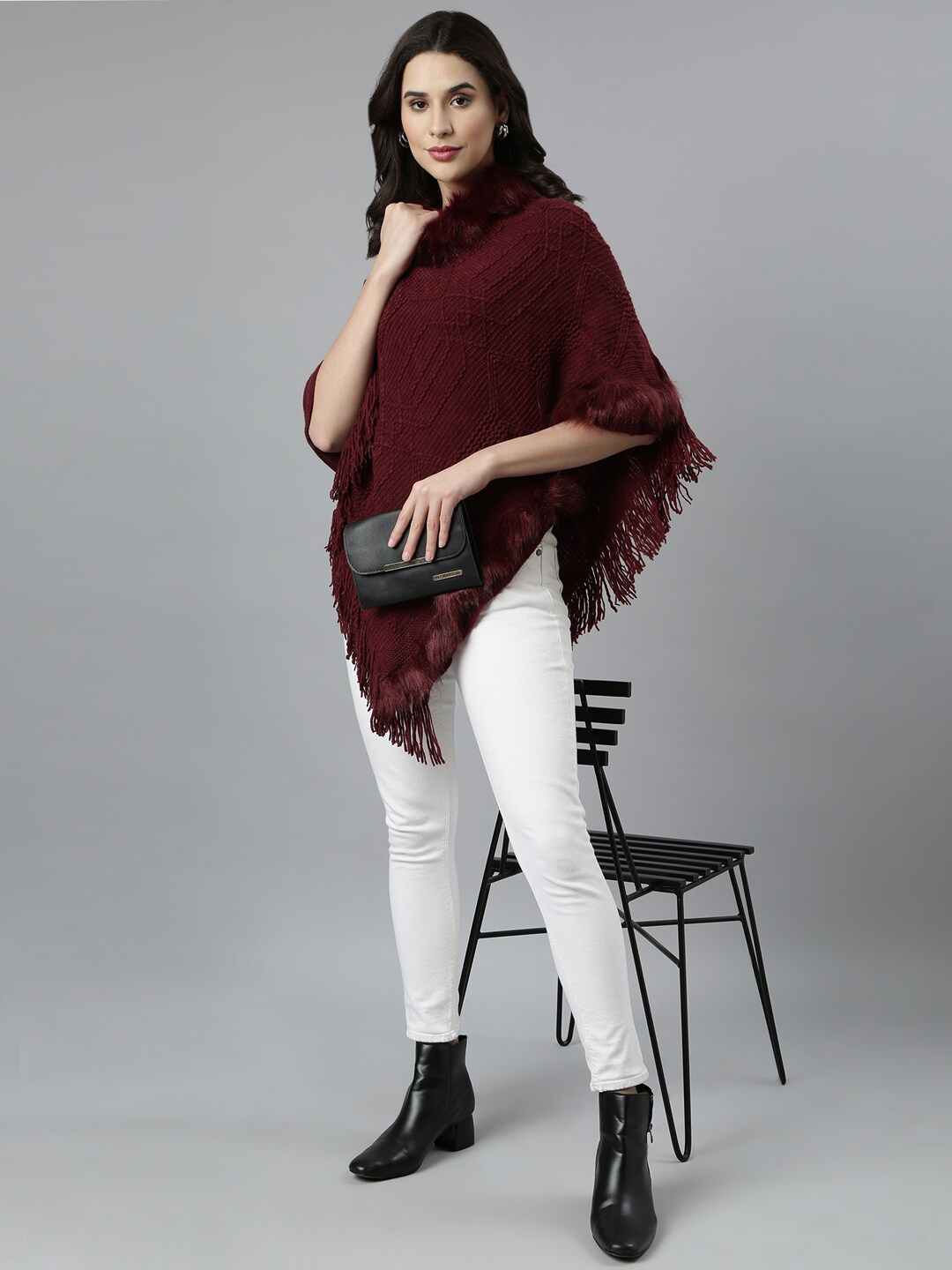 

SHOWOFF Women Cable Knit Longline Poncho with Fringed Detail, Maroon