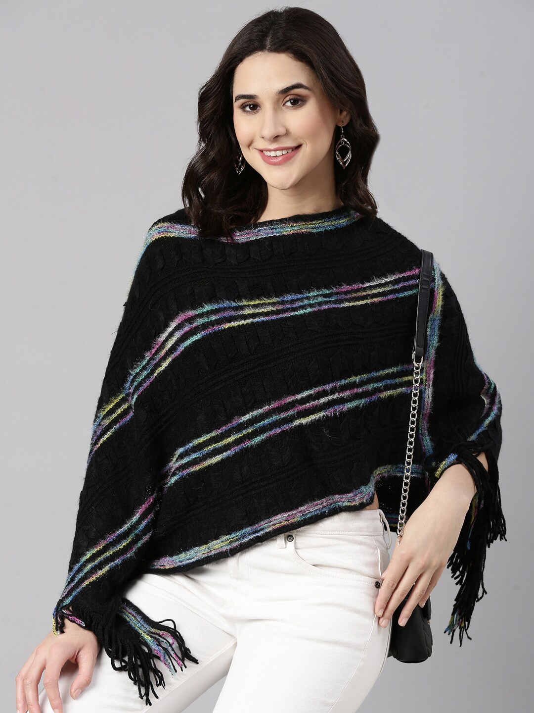 

SHOWOFF Women Striped Poncho, Black