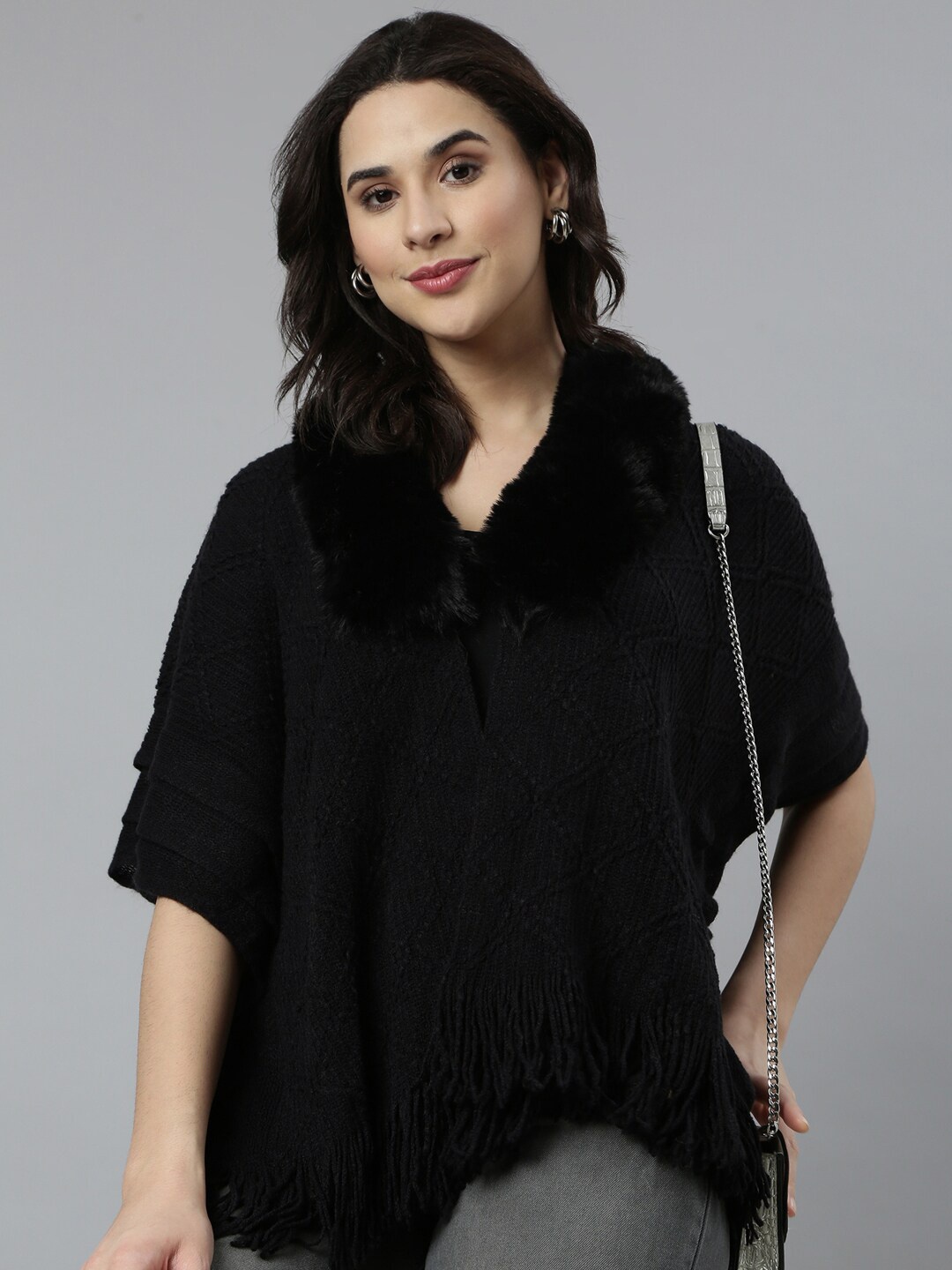 

SHOWOFF Women Cable Knit Longline Poncho with Fringed Detail, Black