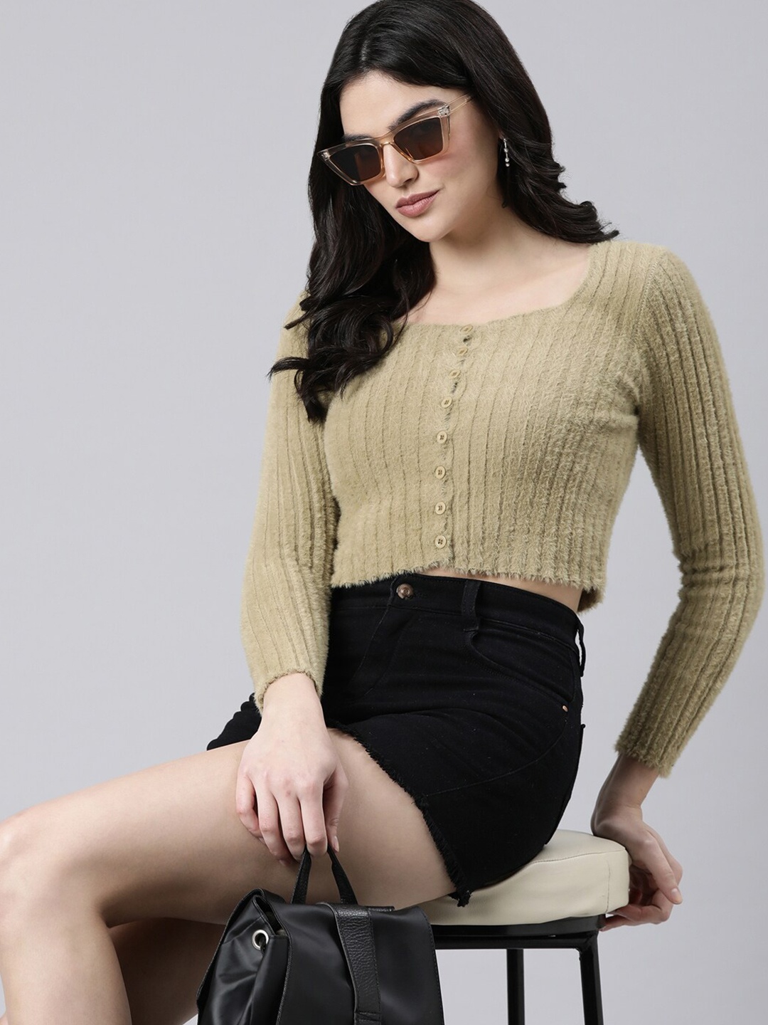 

SHOWOFF Women Striped Crop Cardigan with Fuzzy Detail, Khaki
