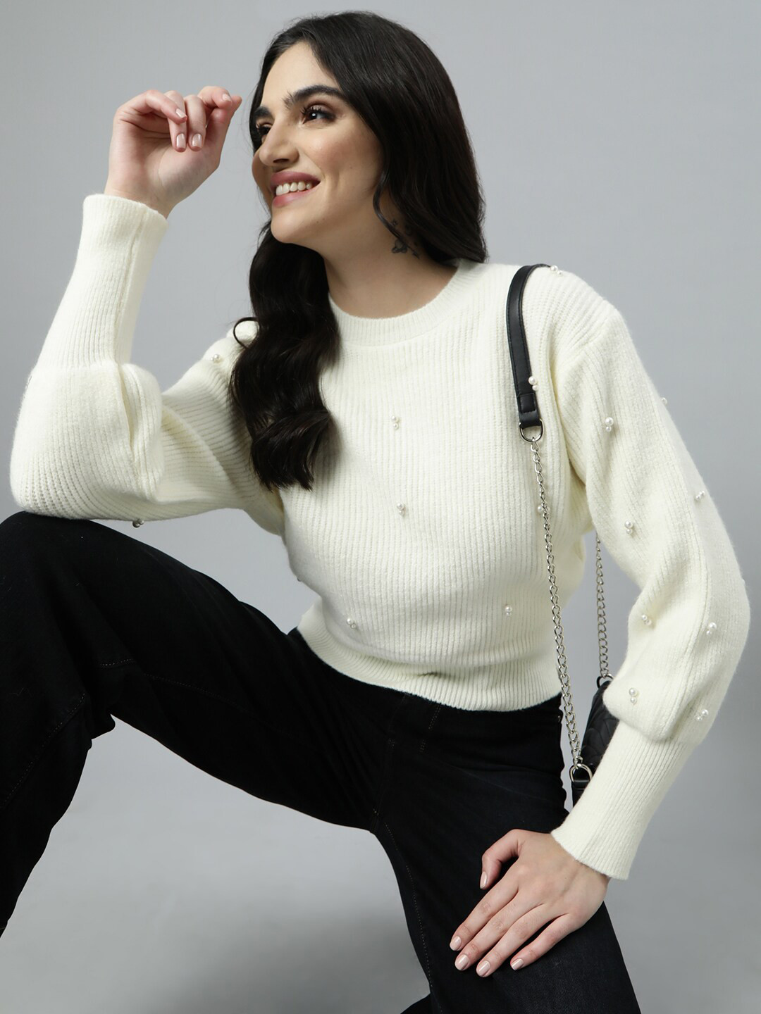 

SHOWOFF Women Ribbed Pullover with Embellished Detail, Cream