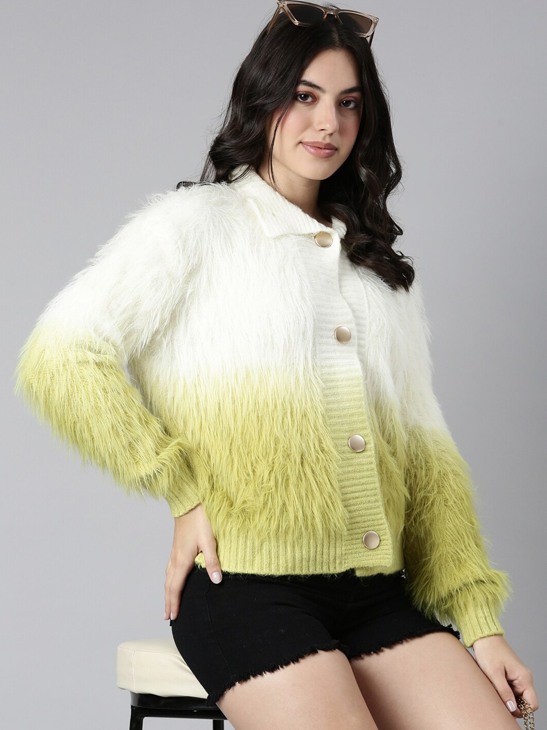 

SHOWOFF Women Colourblocked Cardigan with Fuzzy Detail, Green