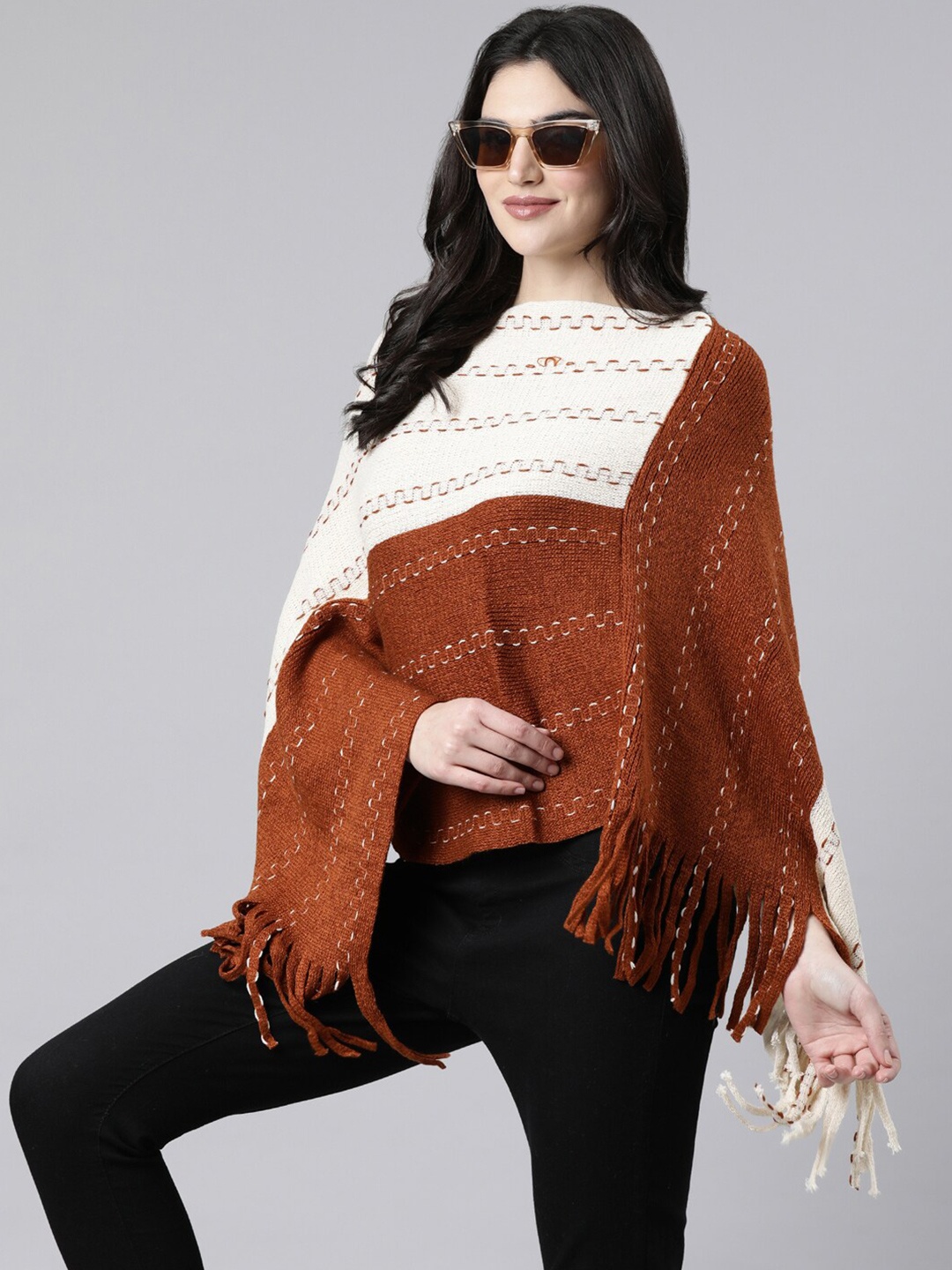 

SHOWOFF Women Colourblocked Poncho, Rust