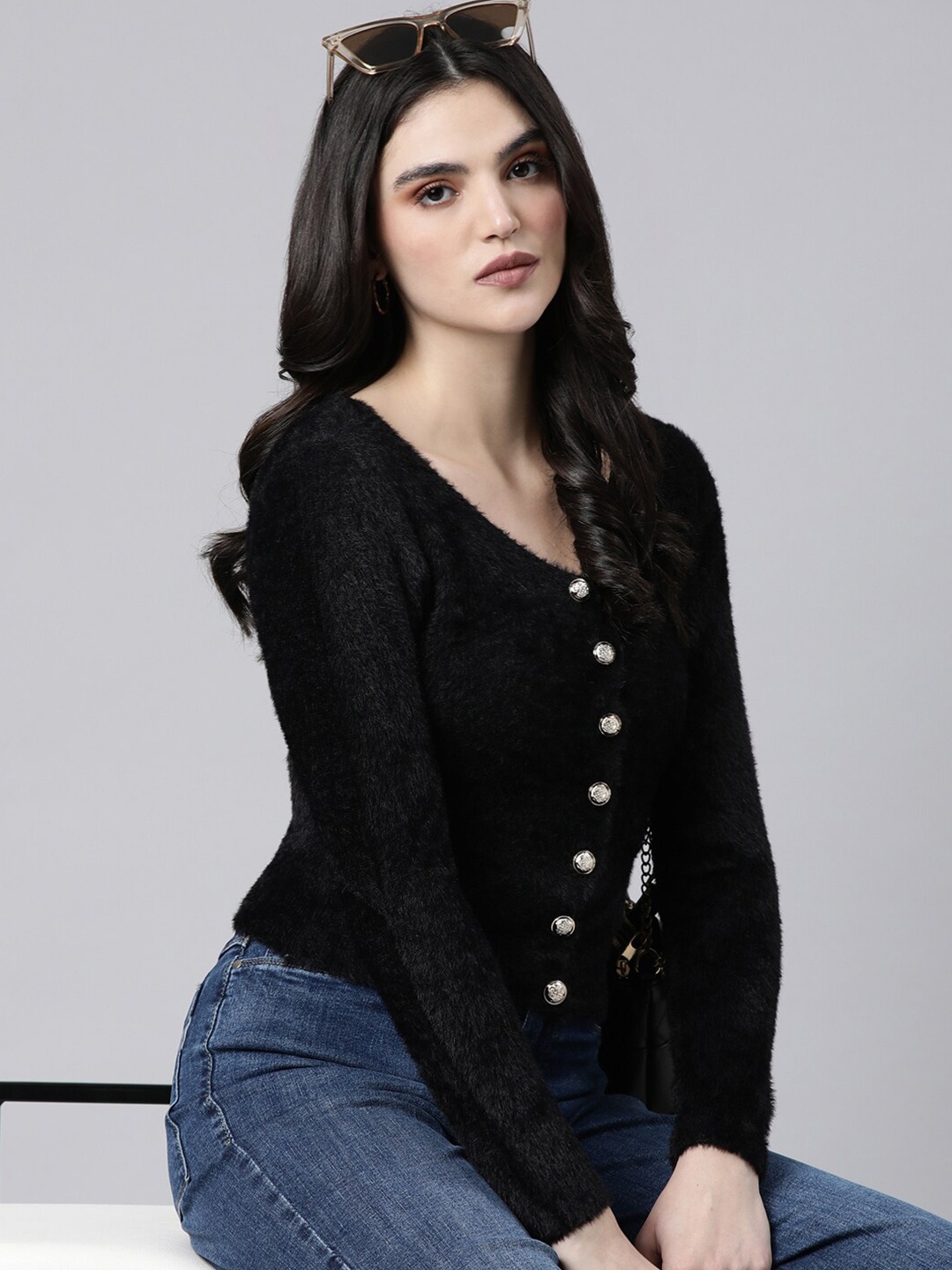 

SHOWOFF Women Crop Cardigan with Fuzzy Detail, Black