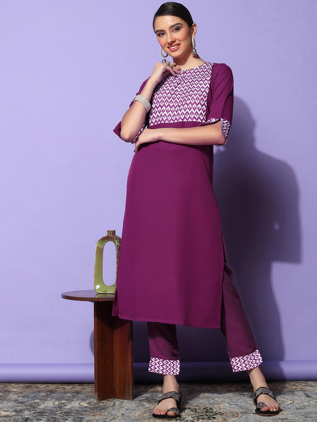

KALINI Women Yoke Design Regular Thread Work Kurta with Trousers, Magenta