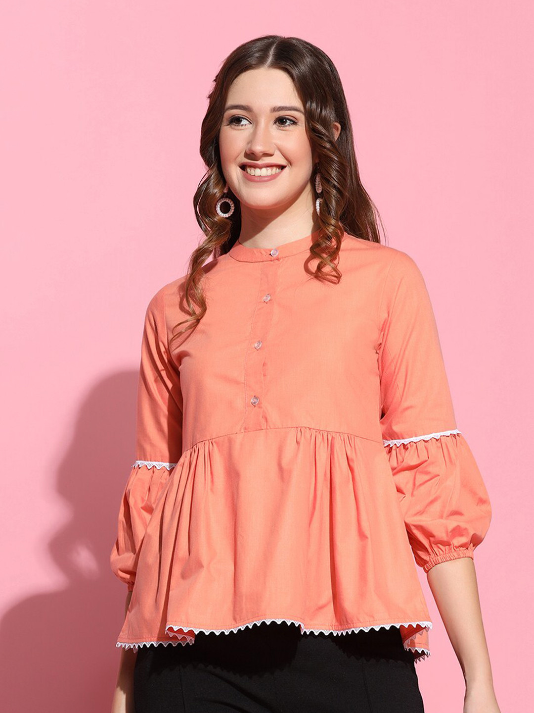 

FASHION DREAM Band Collar Gotta Patti Pleated A-Line Top, Orange