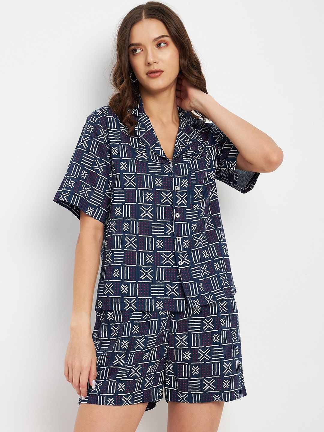

DELAN Geometric Printed Night suit, Navy blue