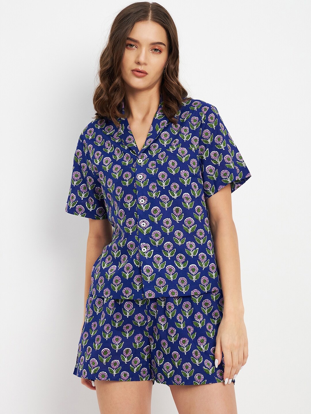 

DELAN Floral Printed Night suit, Blue