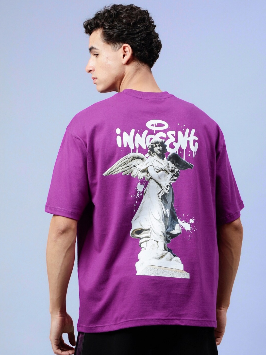 

WEARDUDS Printed Round Neck Drop-Shoulder Sleeves Oversized T-shirt, Purple