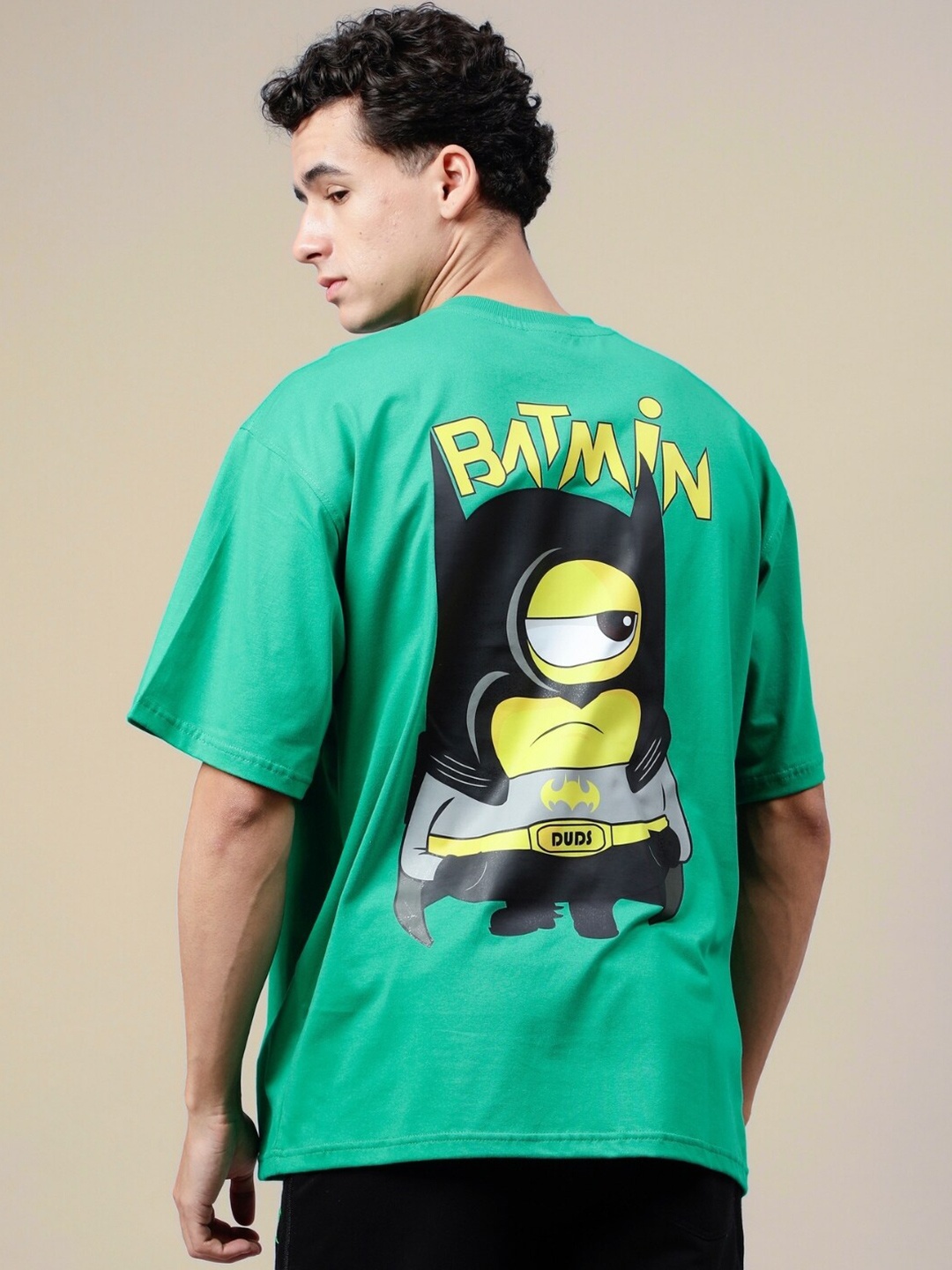 

WEARDUDS Batman Printed Round Neck Drop-Shoulder Sleeves Oversized T-shirt, Green