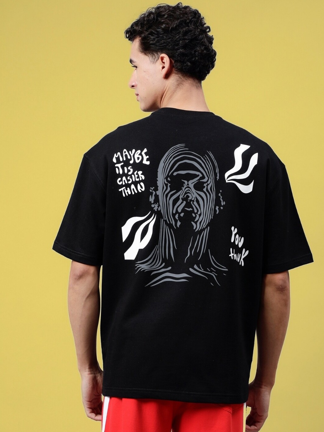 

WEARDUDS Printed Round Neck Drop-Shoulder Sleeves Oversized T-shirt, Black