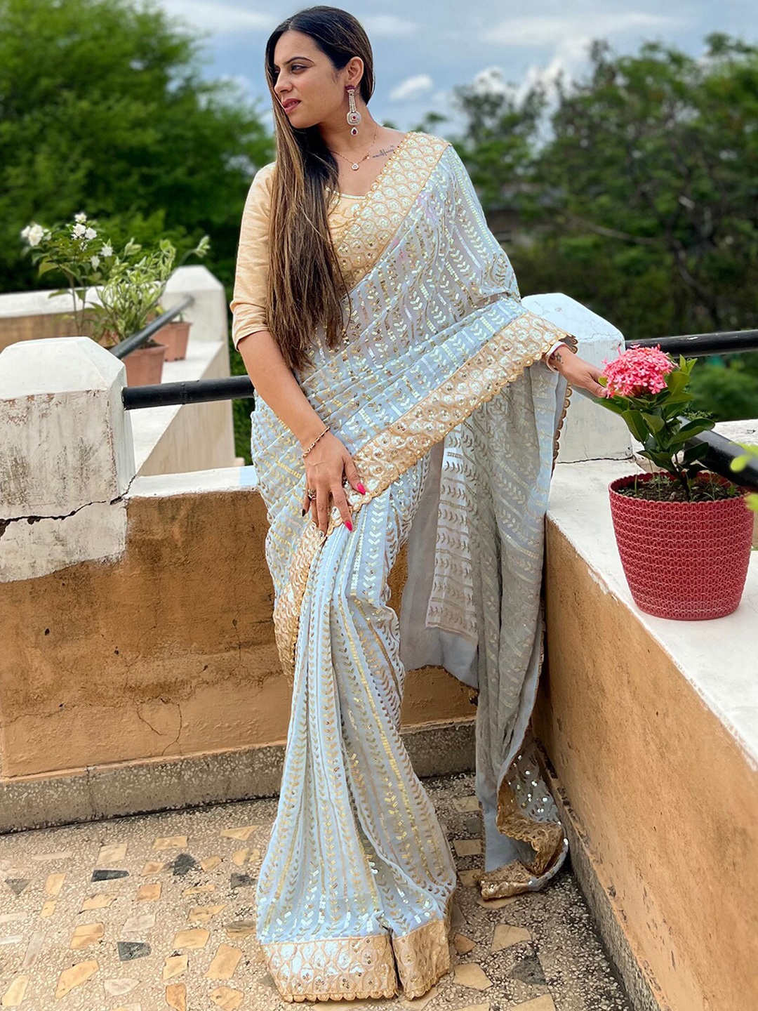

Mitera Grey Embellished Sequinned Saree