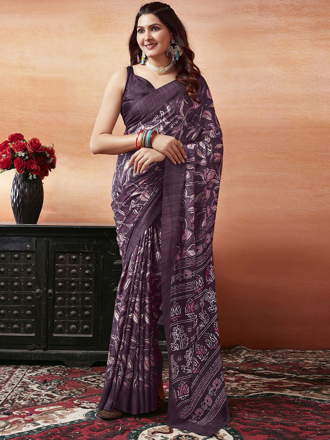 

Mitera Purple Floral Printed Muga Saree