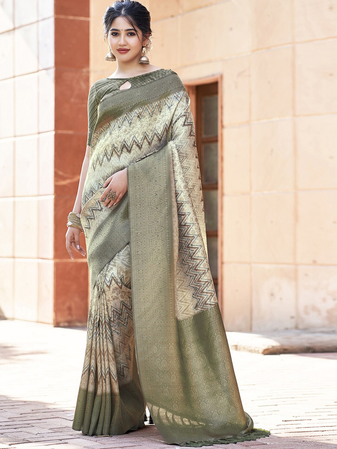 

Mitera Olive Green Geometric Printed Zari Saree