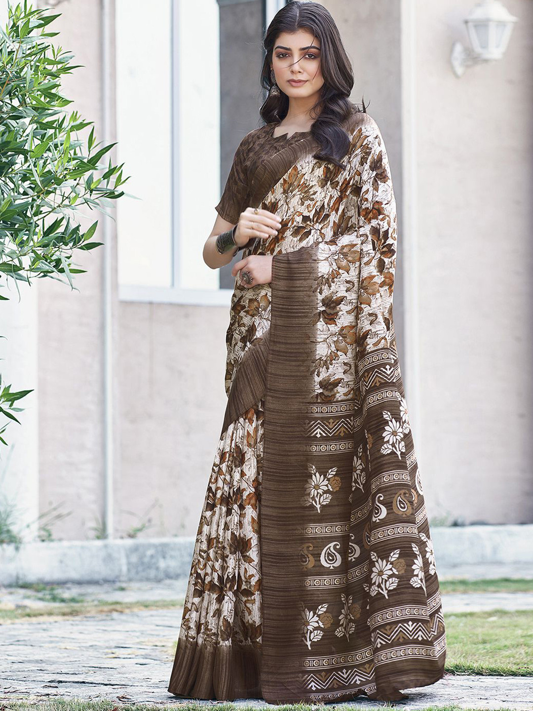 

Mitera White Floral Printed Muga Saree