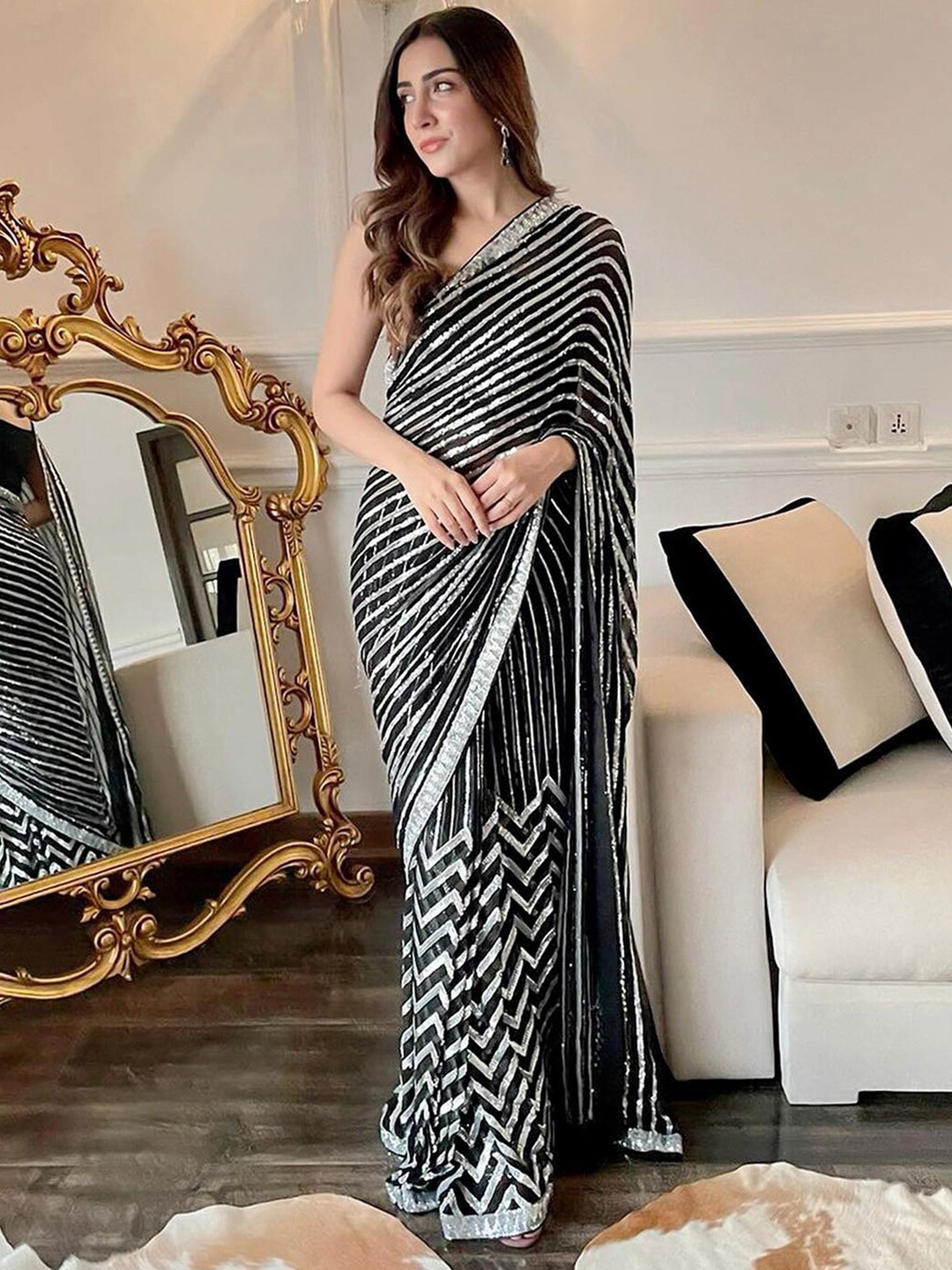 

Mitera Embellished Sequinned Leheriya Saree, Black
