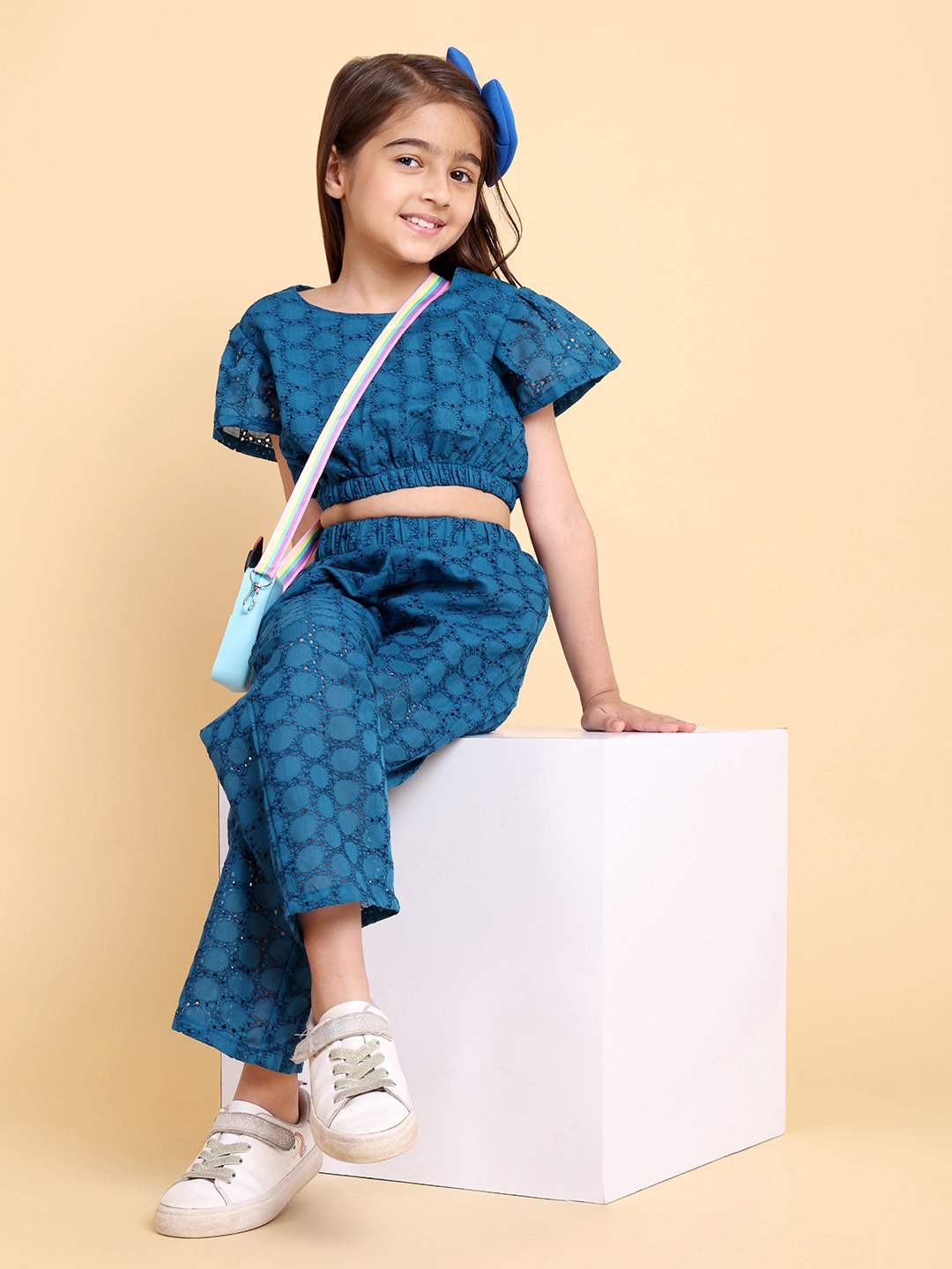

HERE&NOW Pure Cotton Schiffli Crop Top with Trouser set, Blue