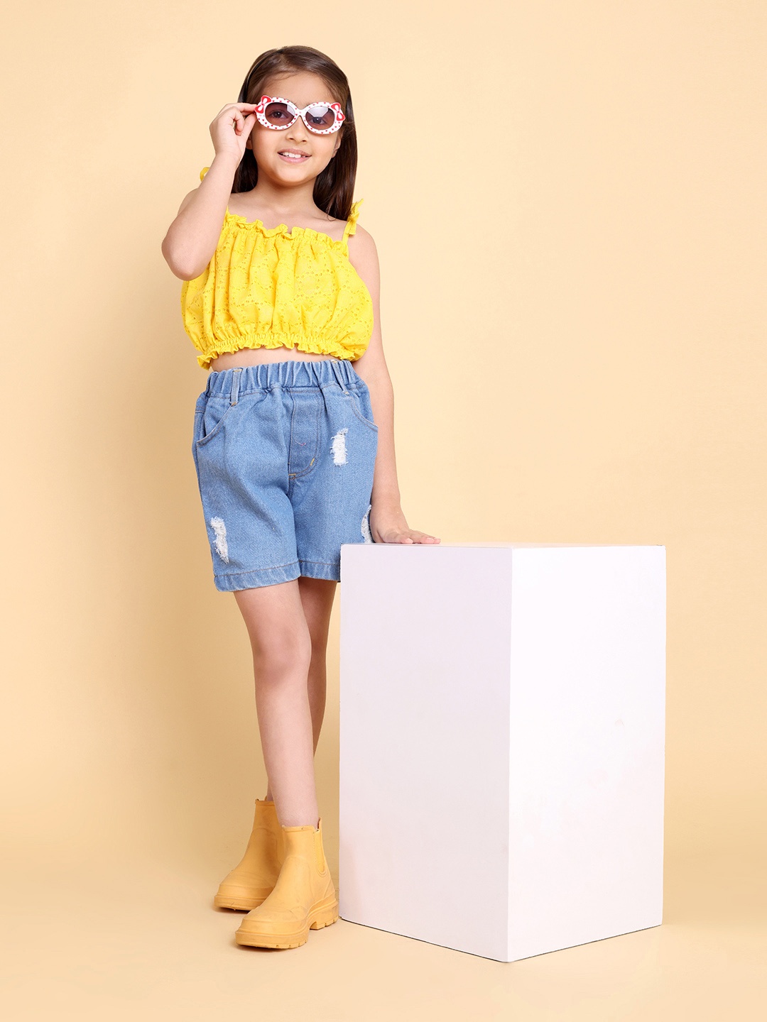

HERE&NOW Pure Cotton Schiffli Crop Top with Denim Shorts, Yellow