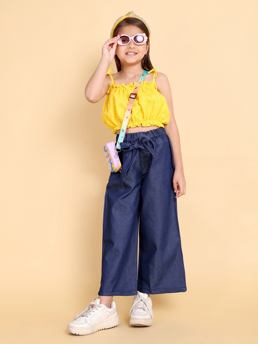 

HERE&NOW Pure Cotton Schiffli Crop Top with Denim Palazzo, Yellow