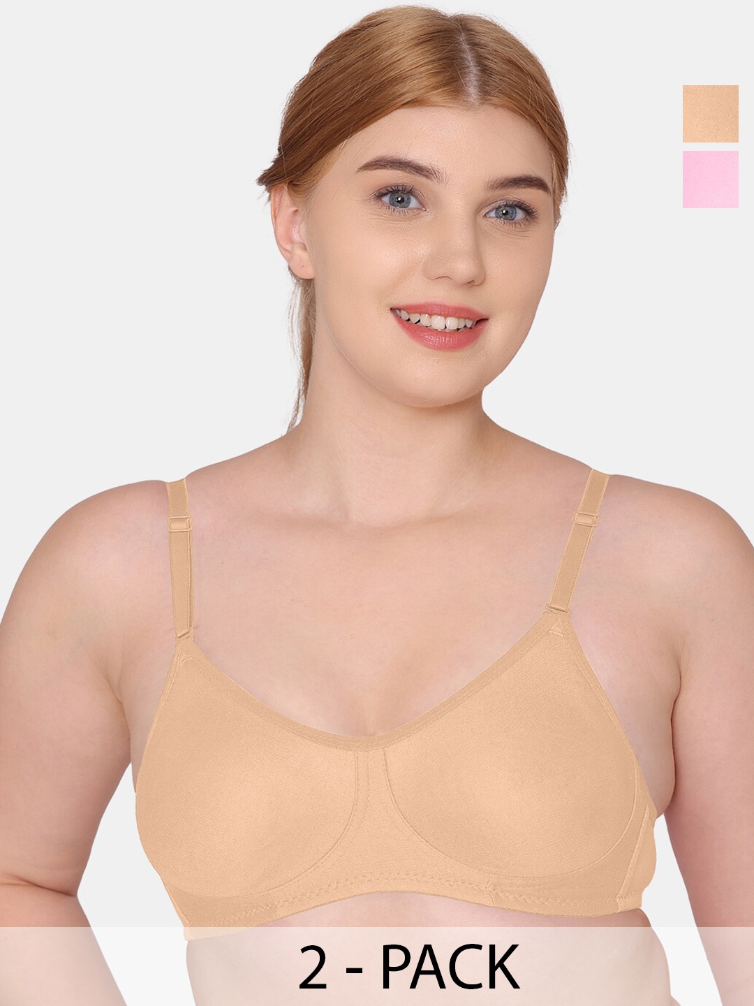 

Tweens Pack Of 2 Full Coverage Non Padded Seamless Cotton T-shirt Bra With All Day Comfort, Beige