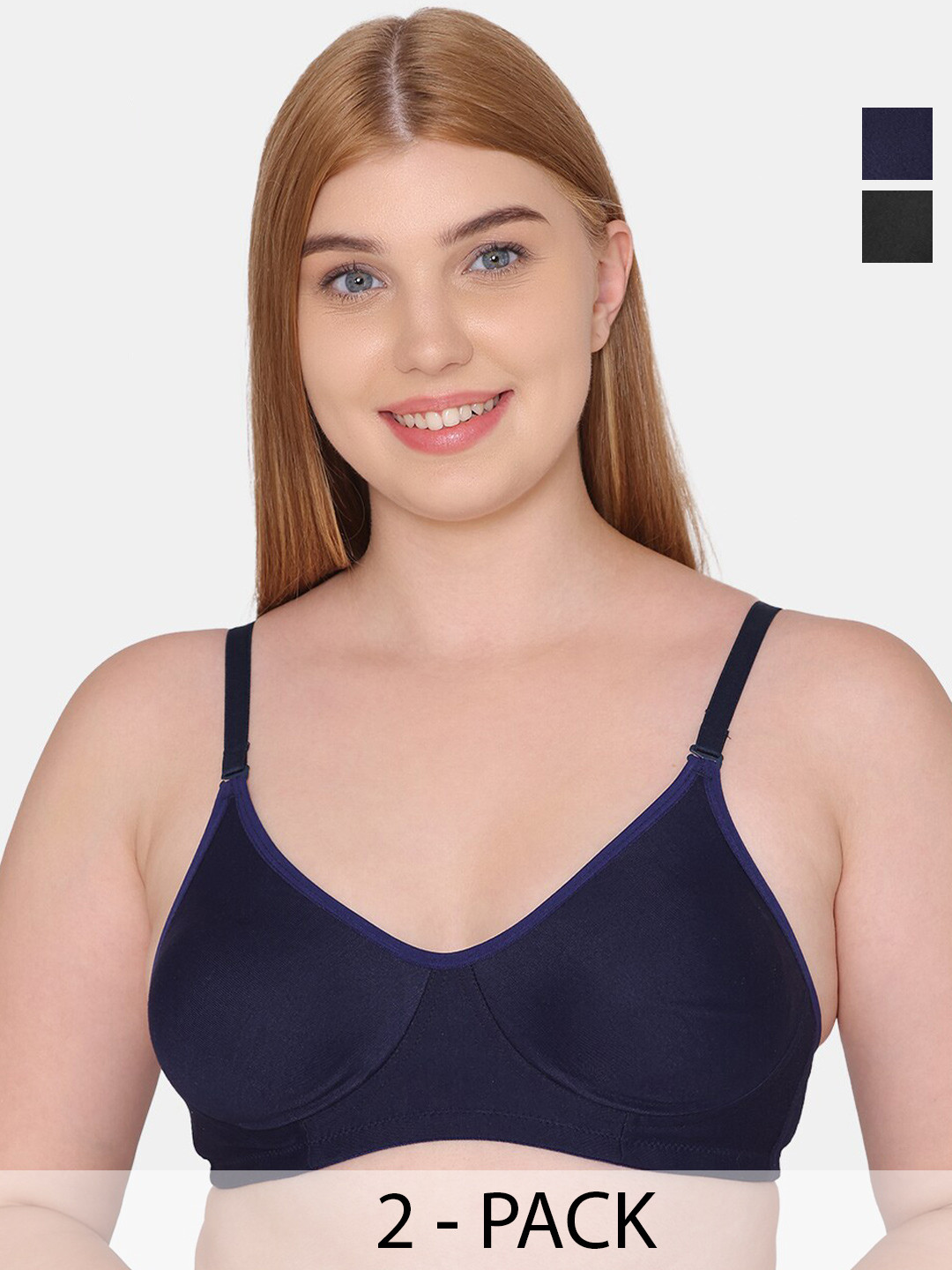 

Tweens Pack Of 2 Full Coverage Non Padded Seamless Cotton T-shirt Bra With All Day Comfort, Navy blue