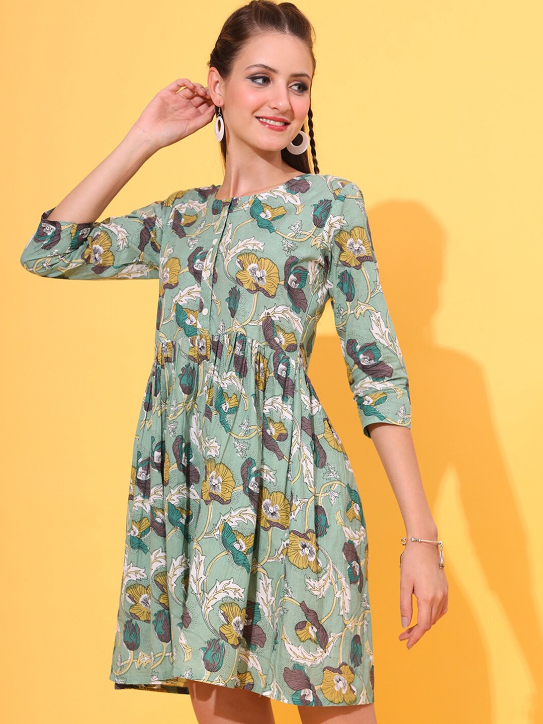 

JAIPUR PRIME Floral Printed Pure Cotton Printed A-Line Dress, Green