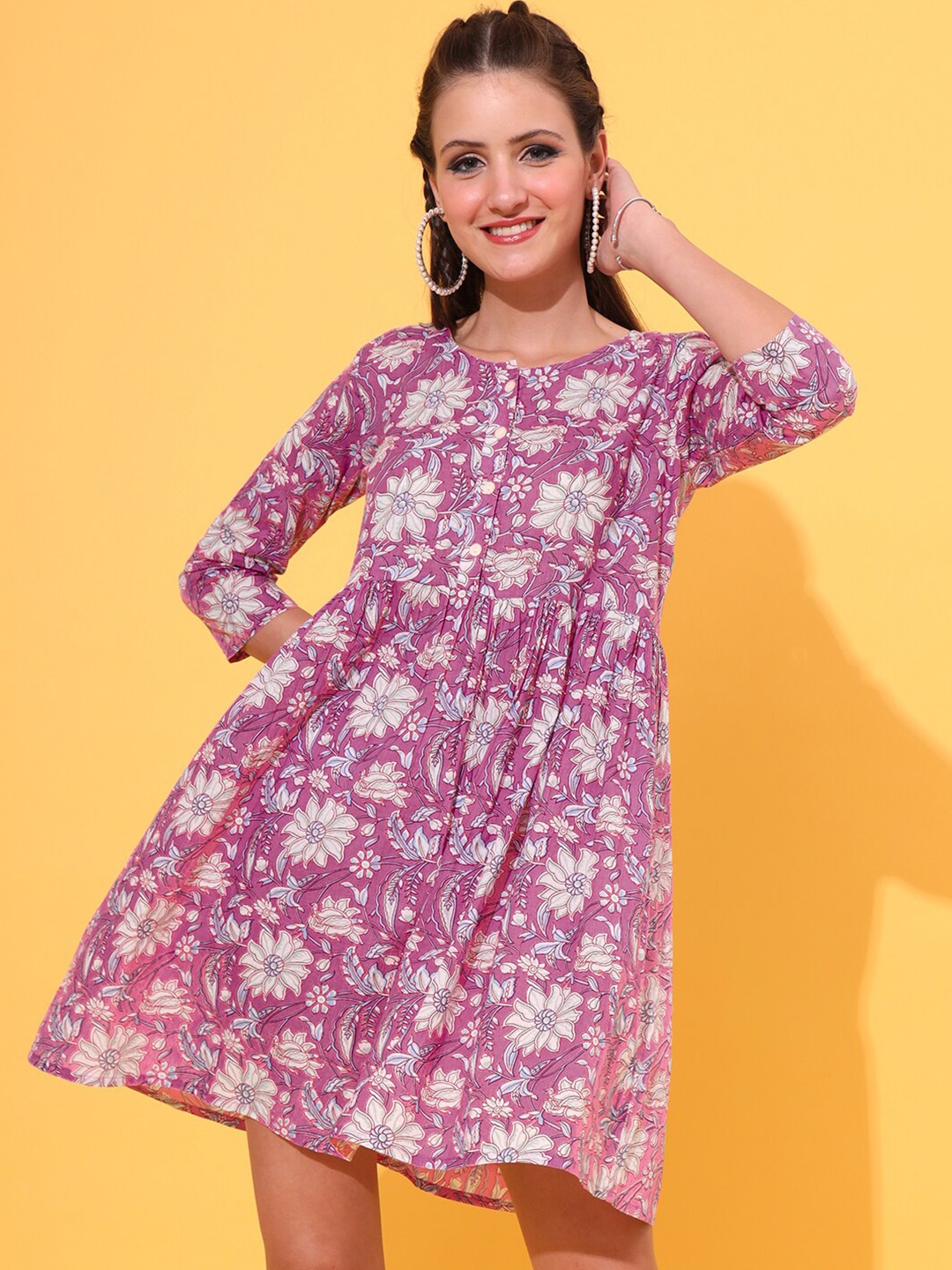 

JAIPUR PRIME Floral Print Cotton Fit & Flare Dress, Pink