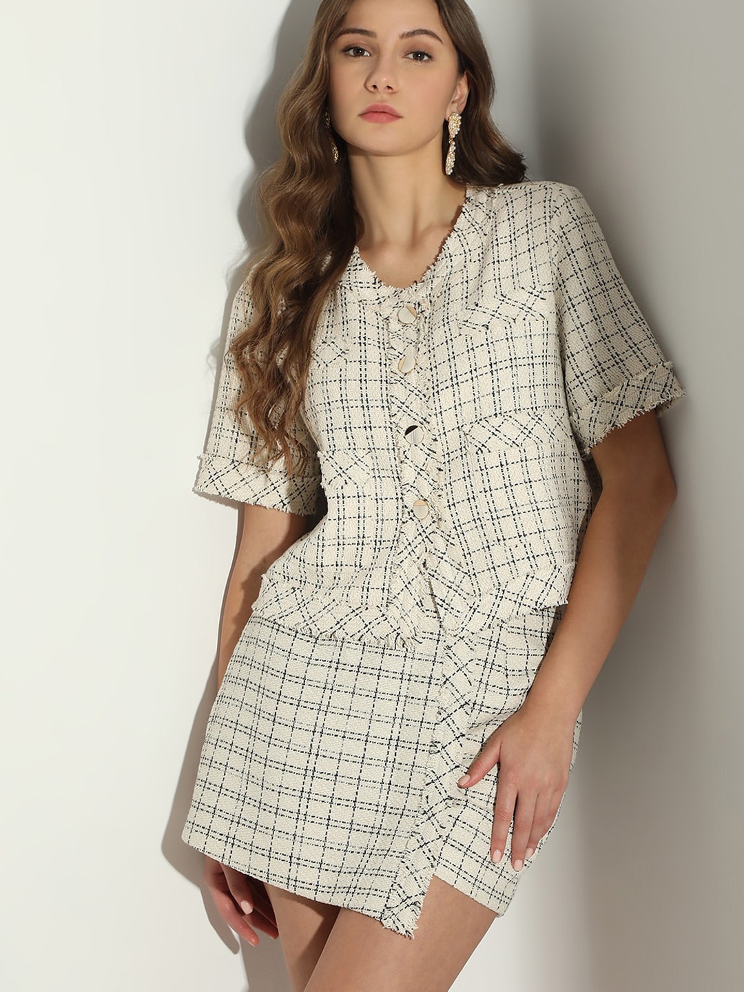 

Vero Moda Checked Collarless Lightweight Tailored Jacket, Off white