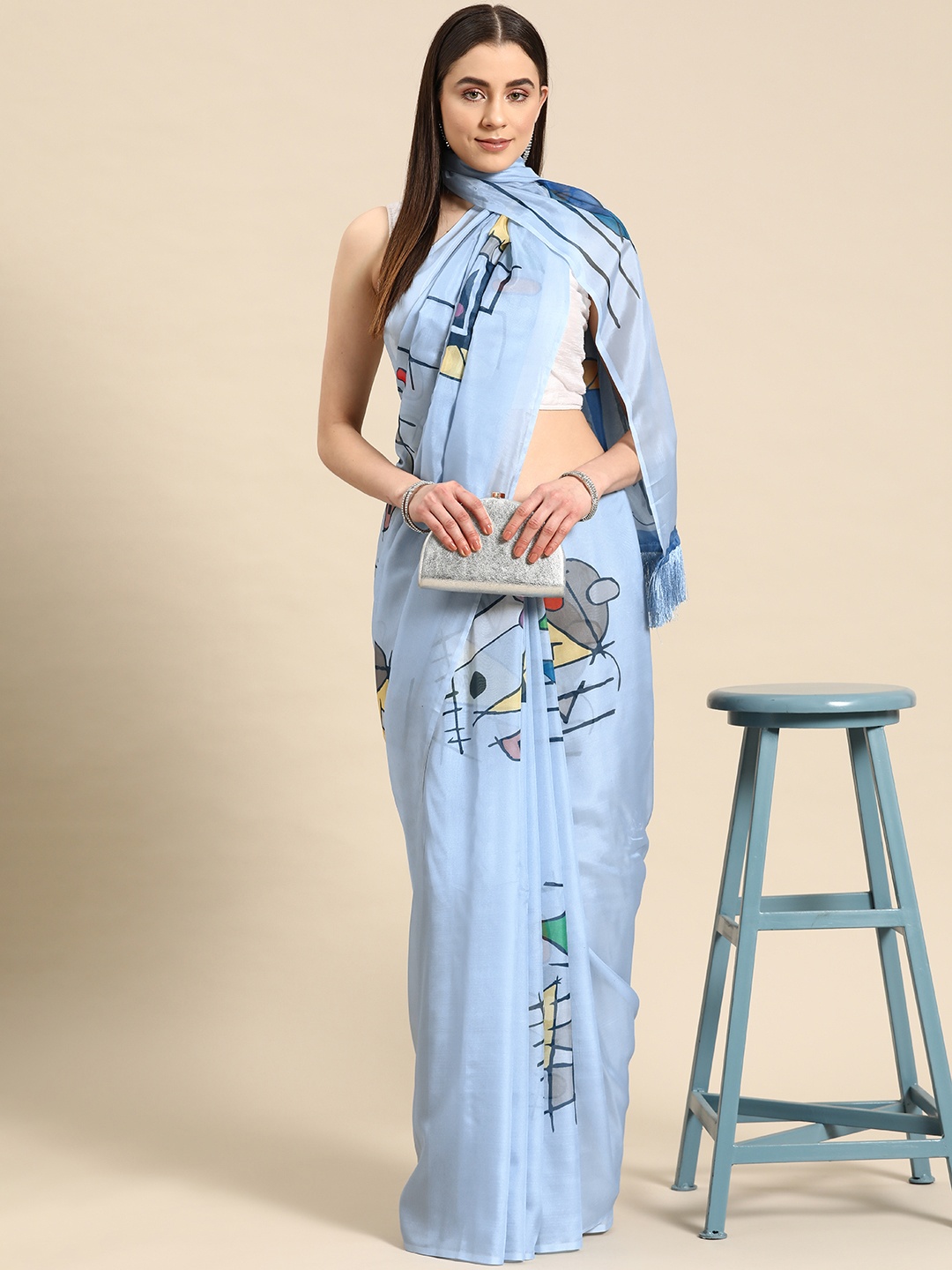 

Silk Land Warli Chanderi Cotton Digital Print Saree, Blue