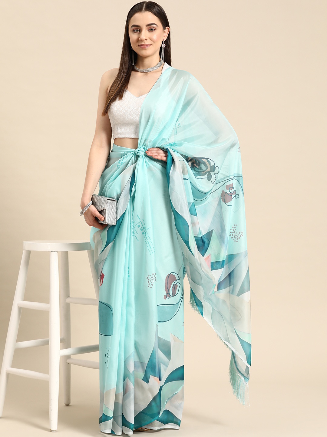 

Silk Land Abstract Chanderi Cotton Digital Print Saree, Teal