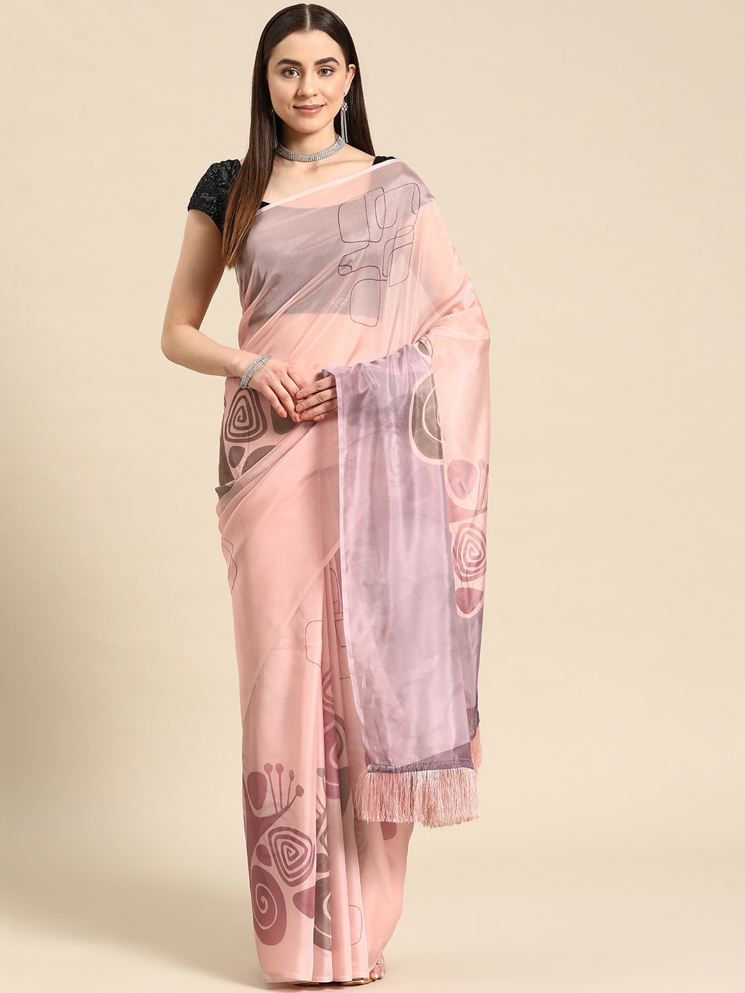 

Silk Land Abstract Print Chanderi Saree, Peach