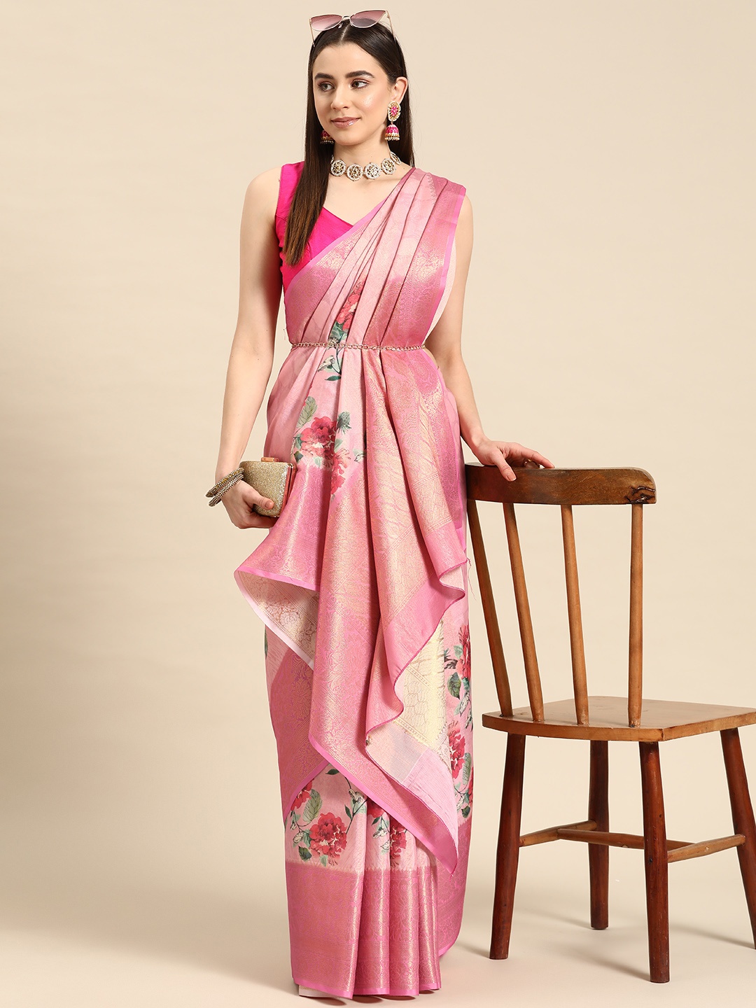 

Silk Land Floral Zari Tissue Kanjeevaram Saree, Pink