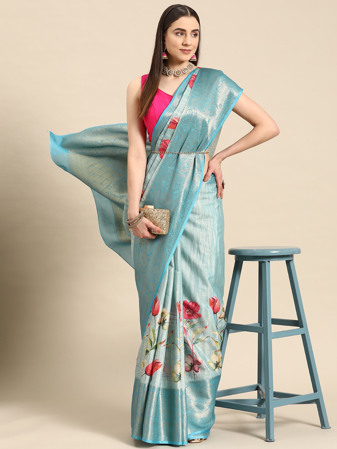 

Silk Land Floral Zari Tissue Kanjeevaram Digital Print Saree, Blue