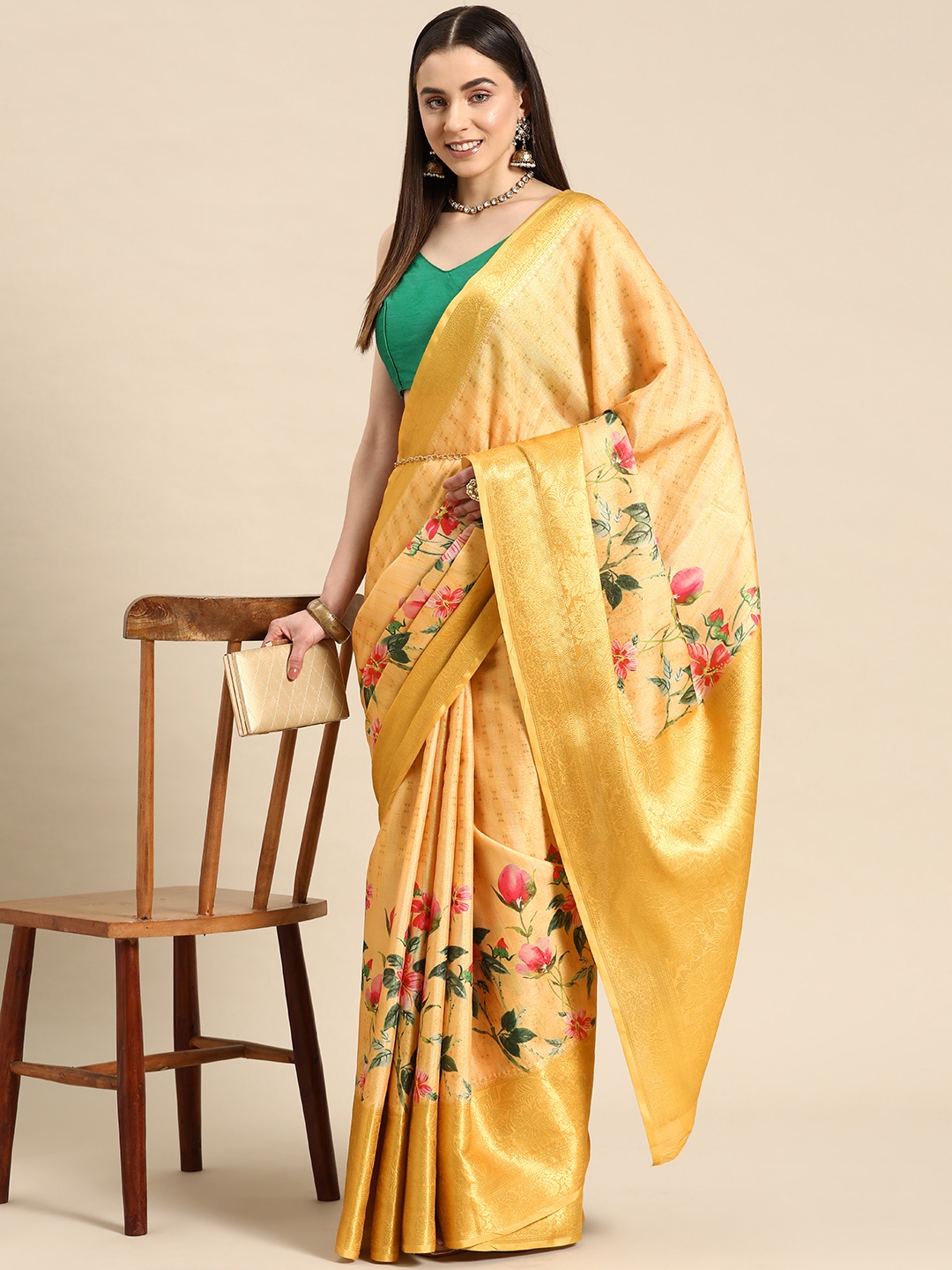 

Silk Land Floral Zari Tissue Kanjeevaram Digital Print Saree, Yellow