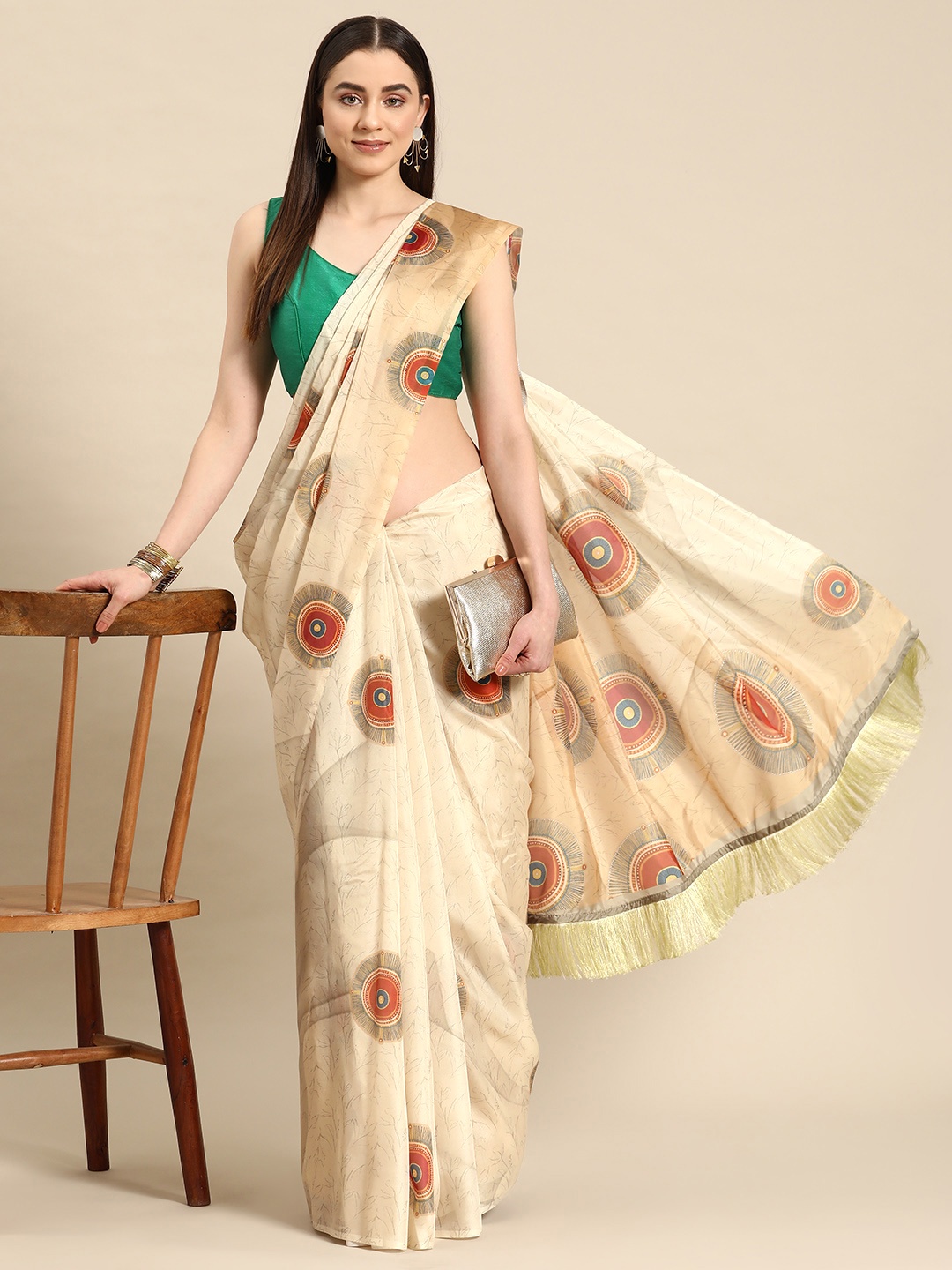 

Silk Land Abstract Printed Chanderi Saree, Beige