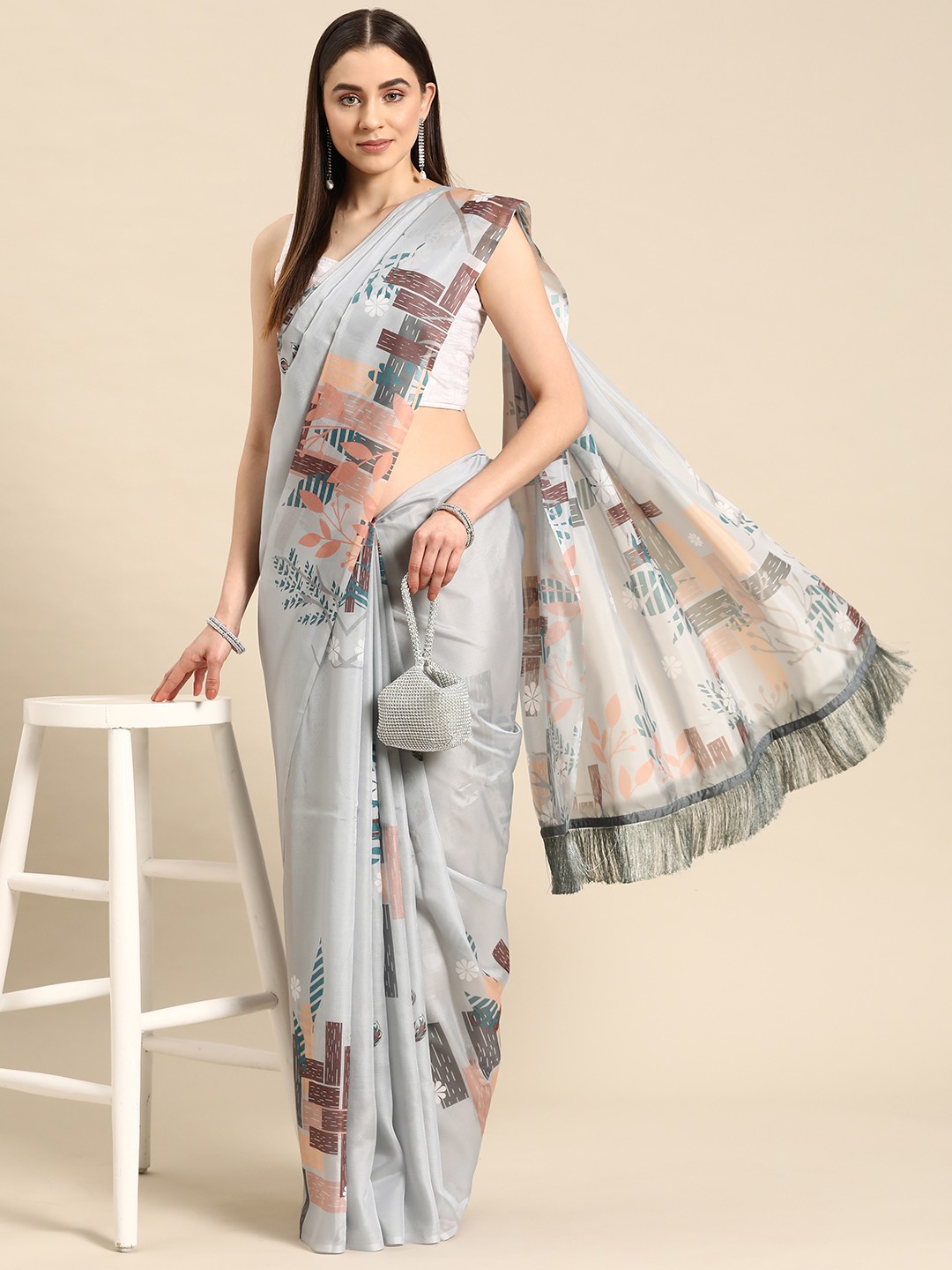 

Silk Land Abstract Chanderi Cotton Digital Print Saree, Grey