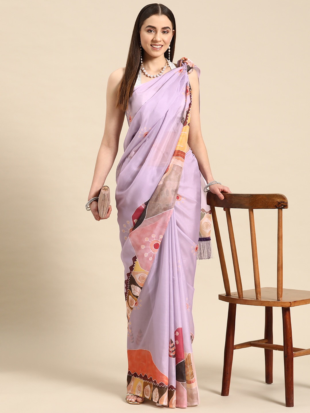 

Silk Land Abstract Printed Chanderi Saree, Lavender