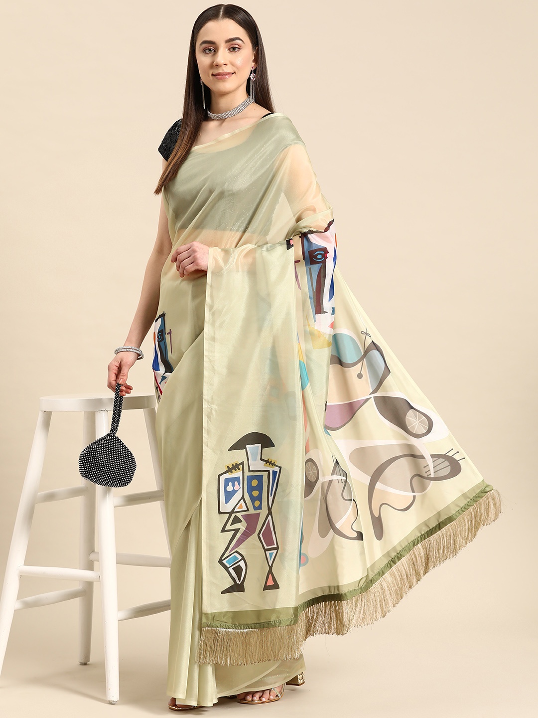 

Silk Land Warli Chanderi Cotton Digital Print Saree, Olive