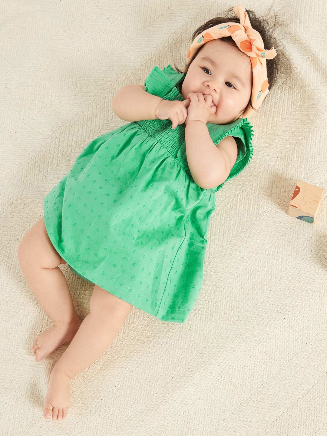 

KIABI Girls Self Design Smocked Cotton Fit & Flare Dress With Culotte, Green
