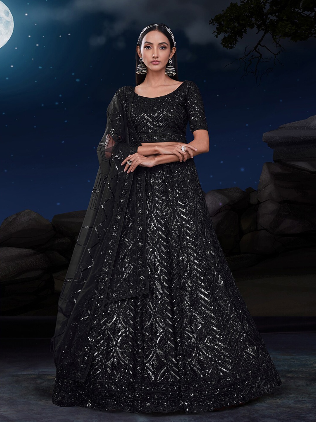 

Fusionic Embroidered Sequinned Semi-Stitched Lehenga & Unstitched Blouse With Dupatta, Black