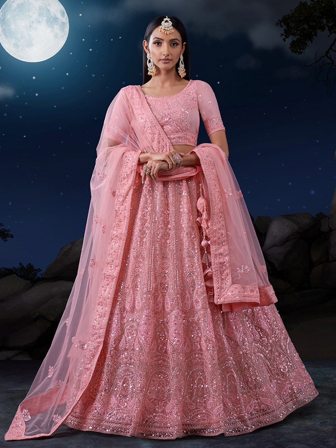 

Fusionic Embroidered Sequinned Semi-Stitched Lehenga & Unstitched Blouse With Dupatta, Pink