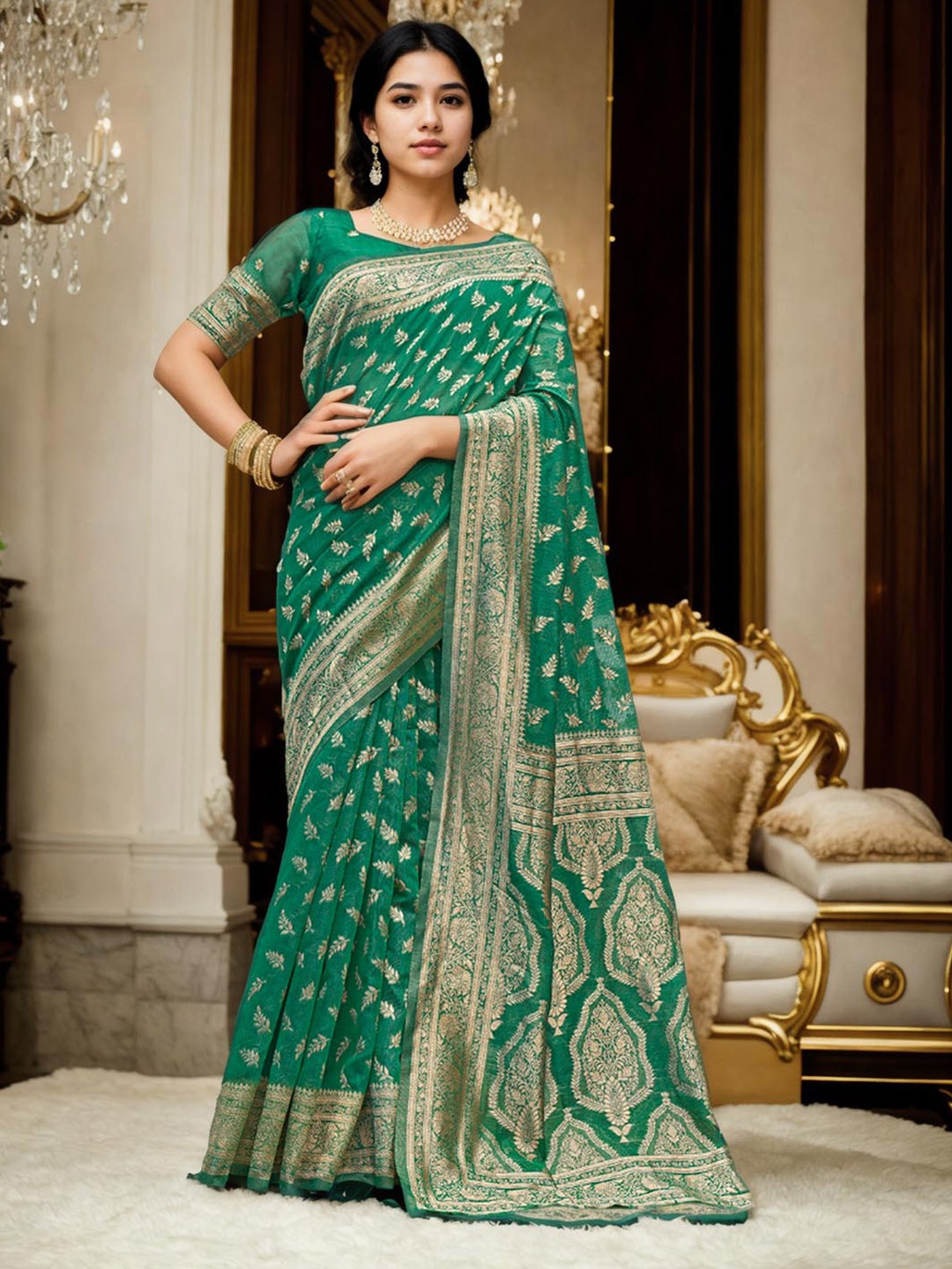 

Ishin Ethnic Woven Design Zari Pure Cotton Chanderi Saree, Turquoise blue
