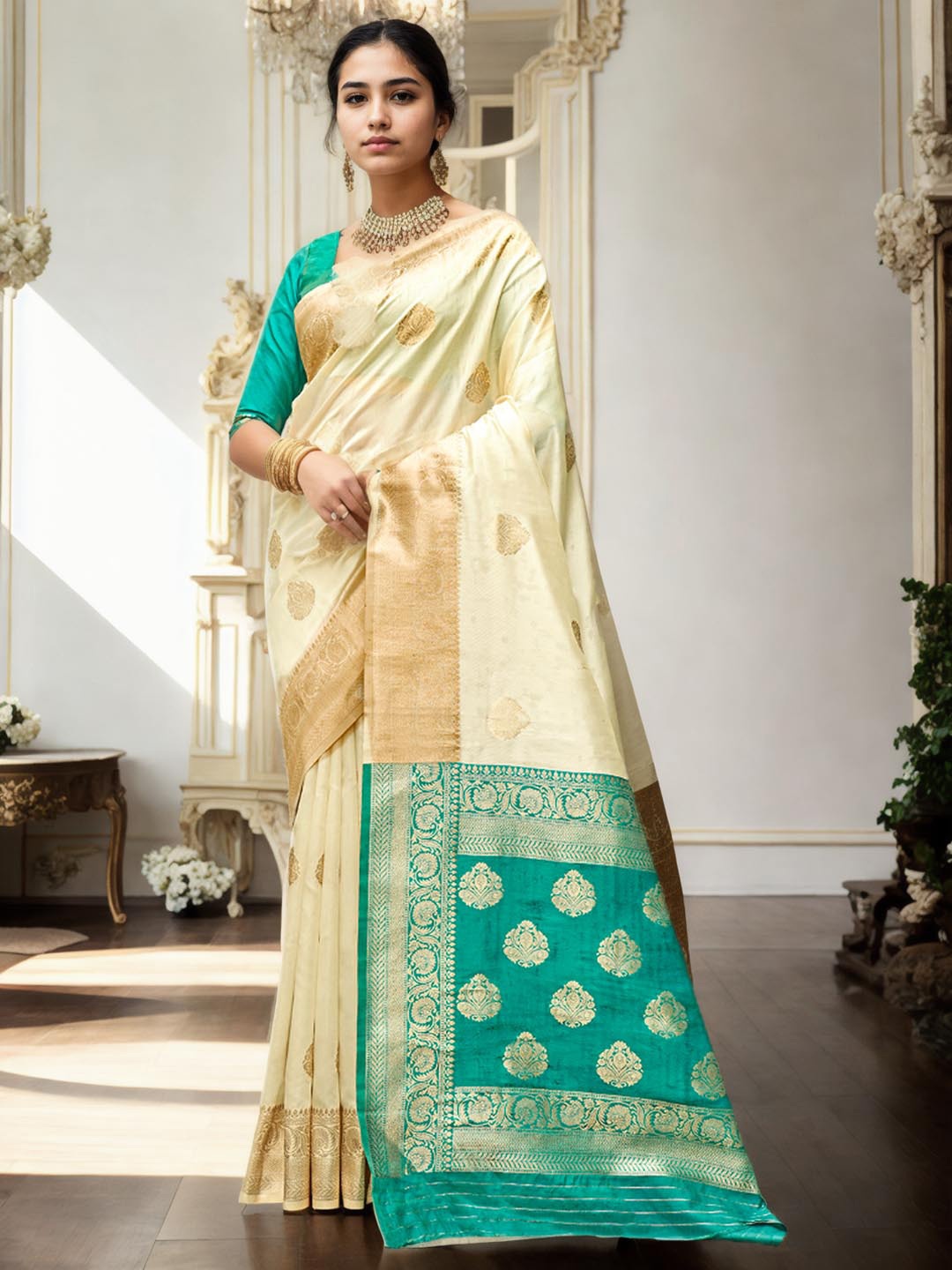 

Ishin Ethnic Woven Design Zari Art Silk Banarasi Saree, Cream