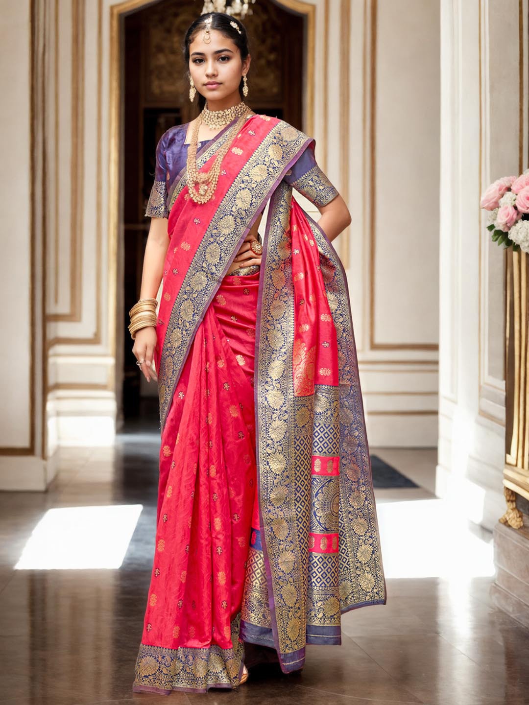 

Ishin Pink Ethnic Motifs Woven Design Zari Banarasi Saree