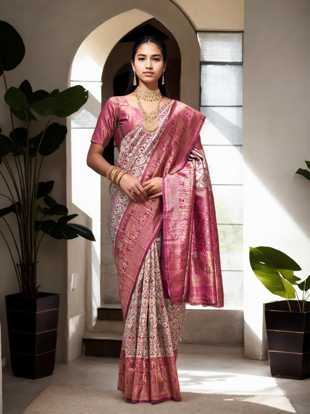 

Ishin Ethnic Woven Design Zari Art Silk Kanjeevaram Saree, Pink